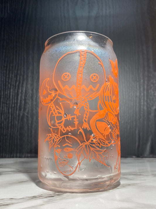 Sam w/masks Design 2 - Cold color orange changing Permanent vinyl Trick R Treat Libbey beer can glass