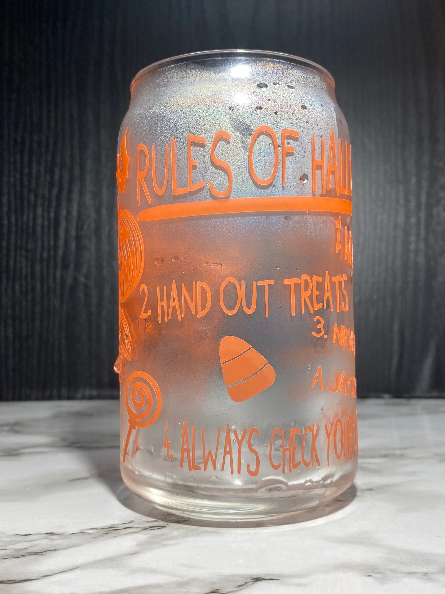 Sam w/masks Design 2 - Cold color orange changing Permanent vinyl Trick R Treat Libbey beer can glass