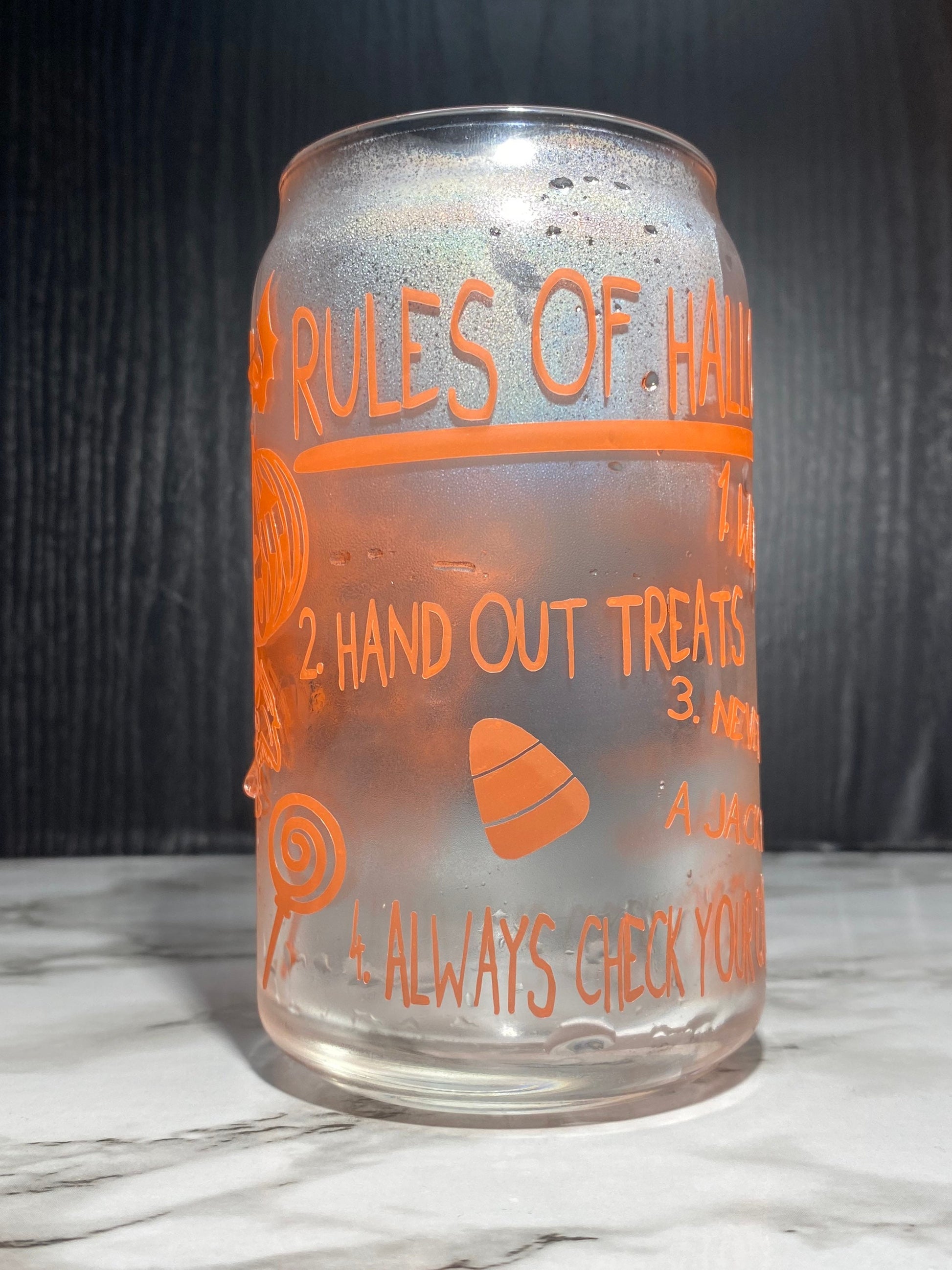 Sam w/masks Design 2 - Cold color orange changing Permanent vinyl Trick R Treat Libbey beer can glass