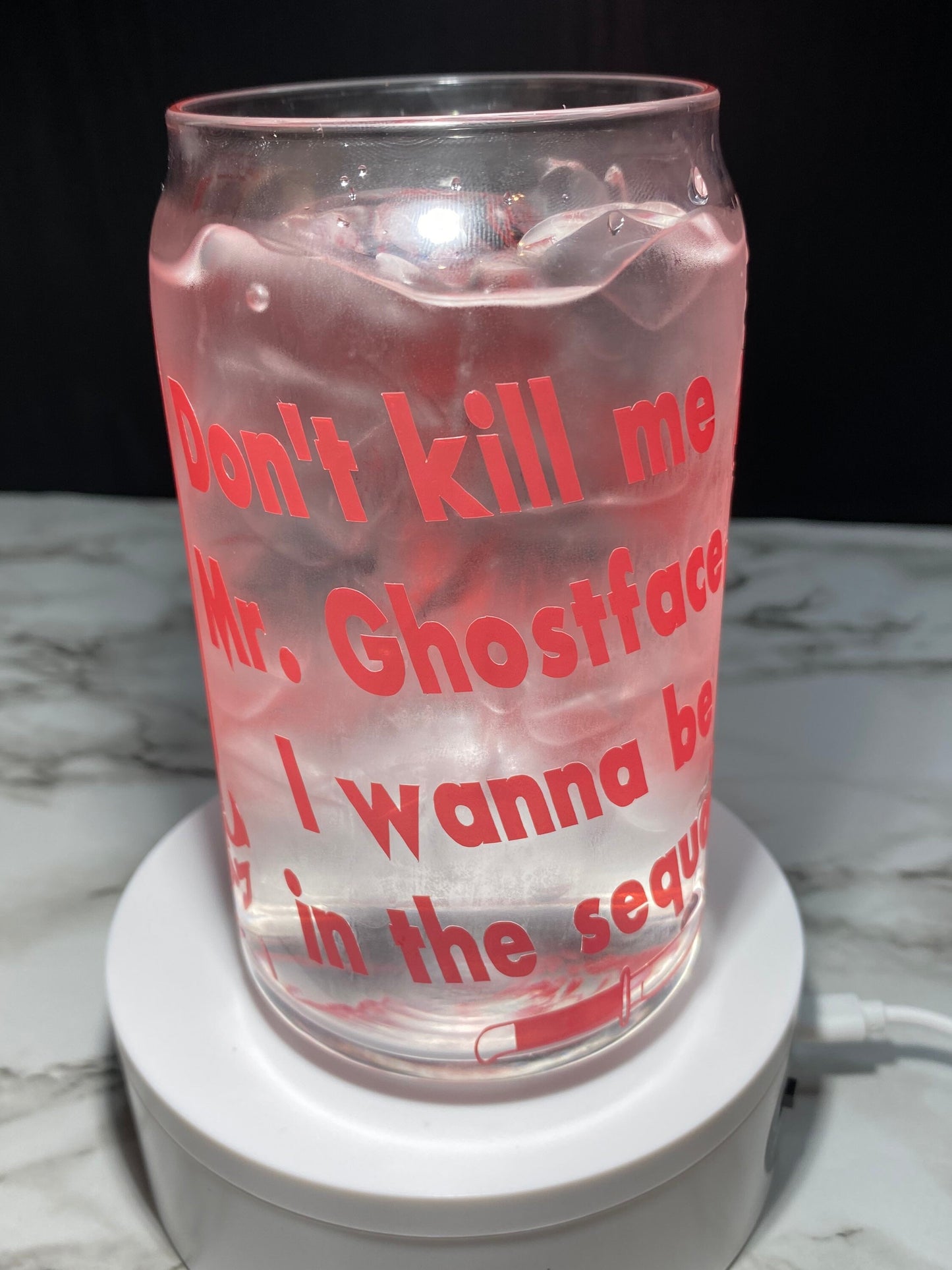 Tatum Riley from Scream cold color red changing permanent vinyl on a Libbey beer can glass