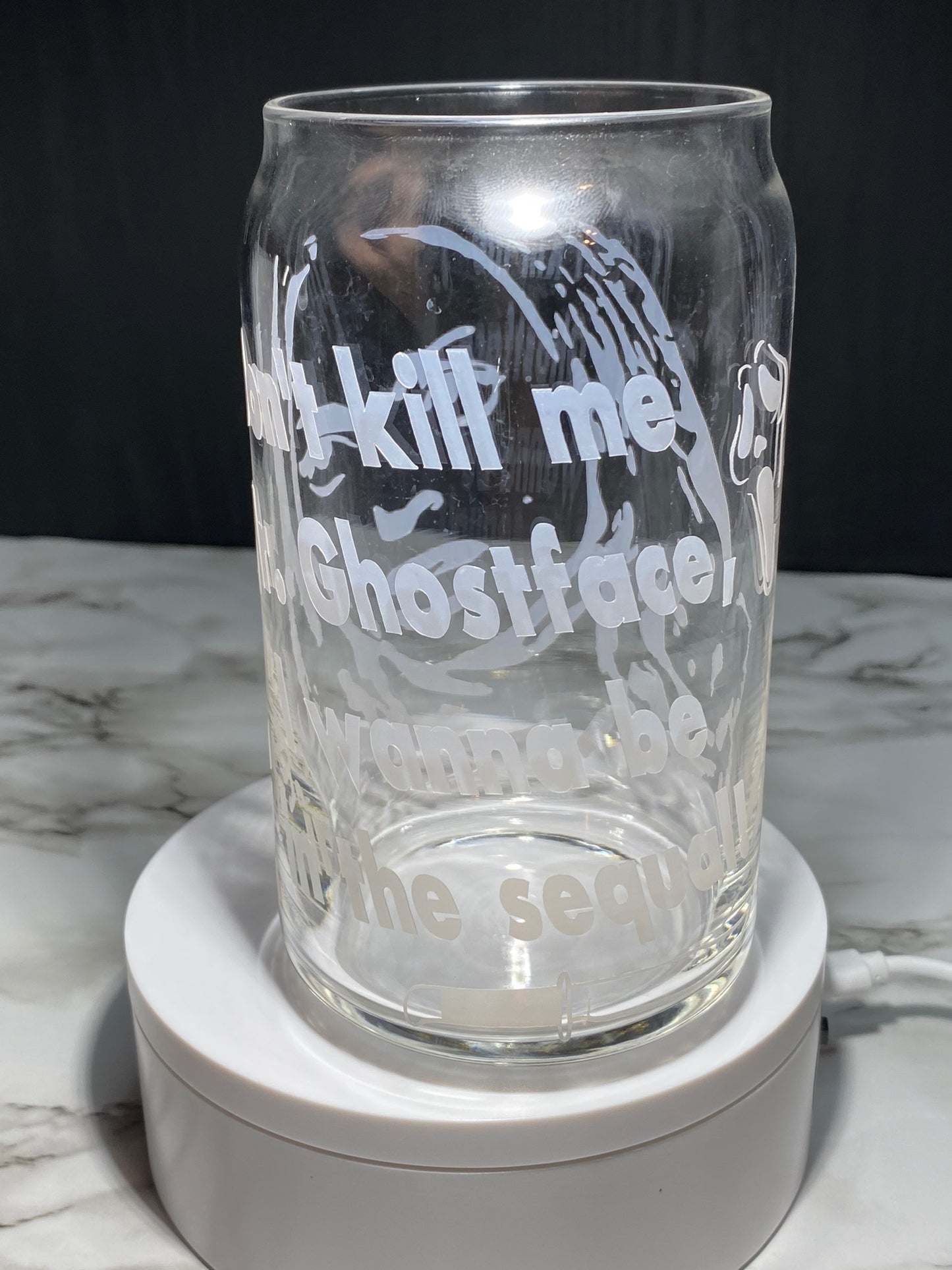 Tatum Riley from Scream cold color red changing permanent vinyl on a Libbey beer can glass