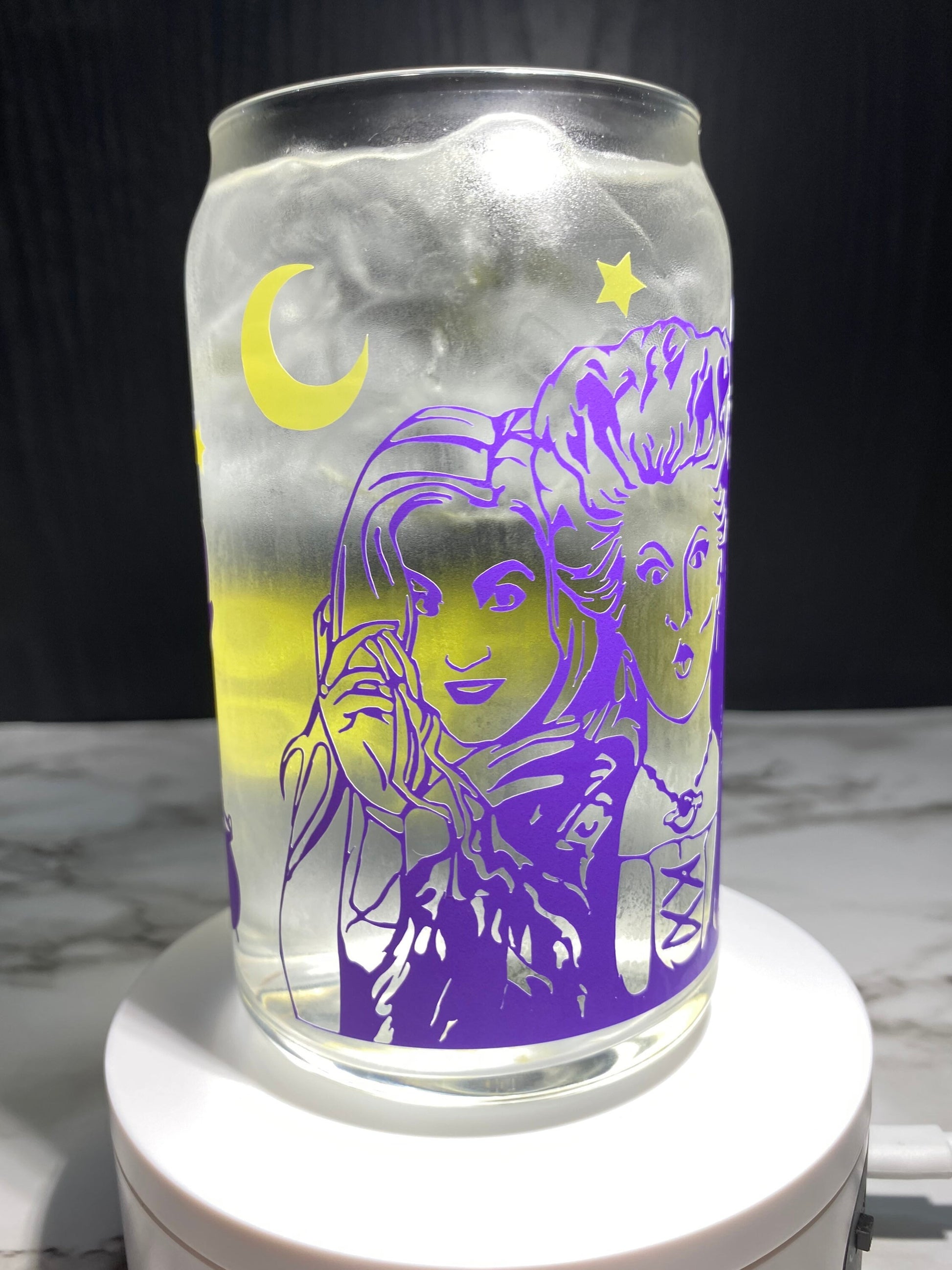 Hocus Pocus cold color purple and yellow changing permanent vinyl svg Libbey beer can glass