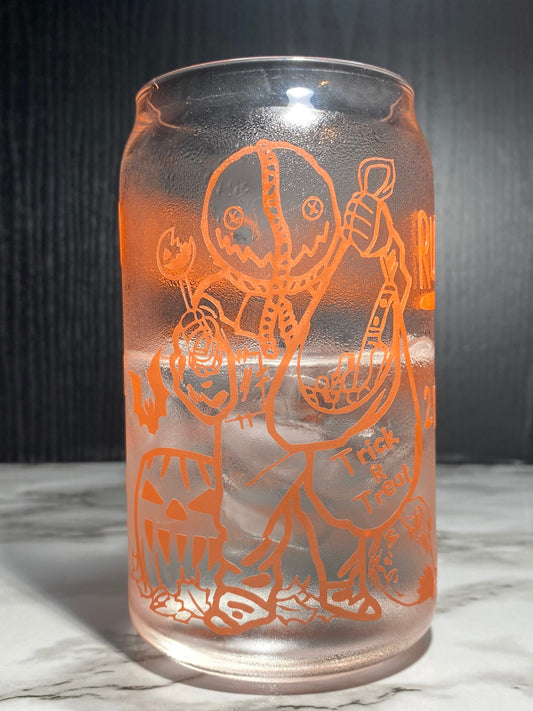 Sam w/bag Design 1 - Cold color orange changing permanent vinyl Trick R Treat Libbey beer can glass