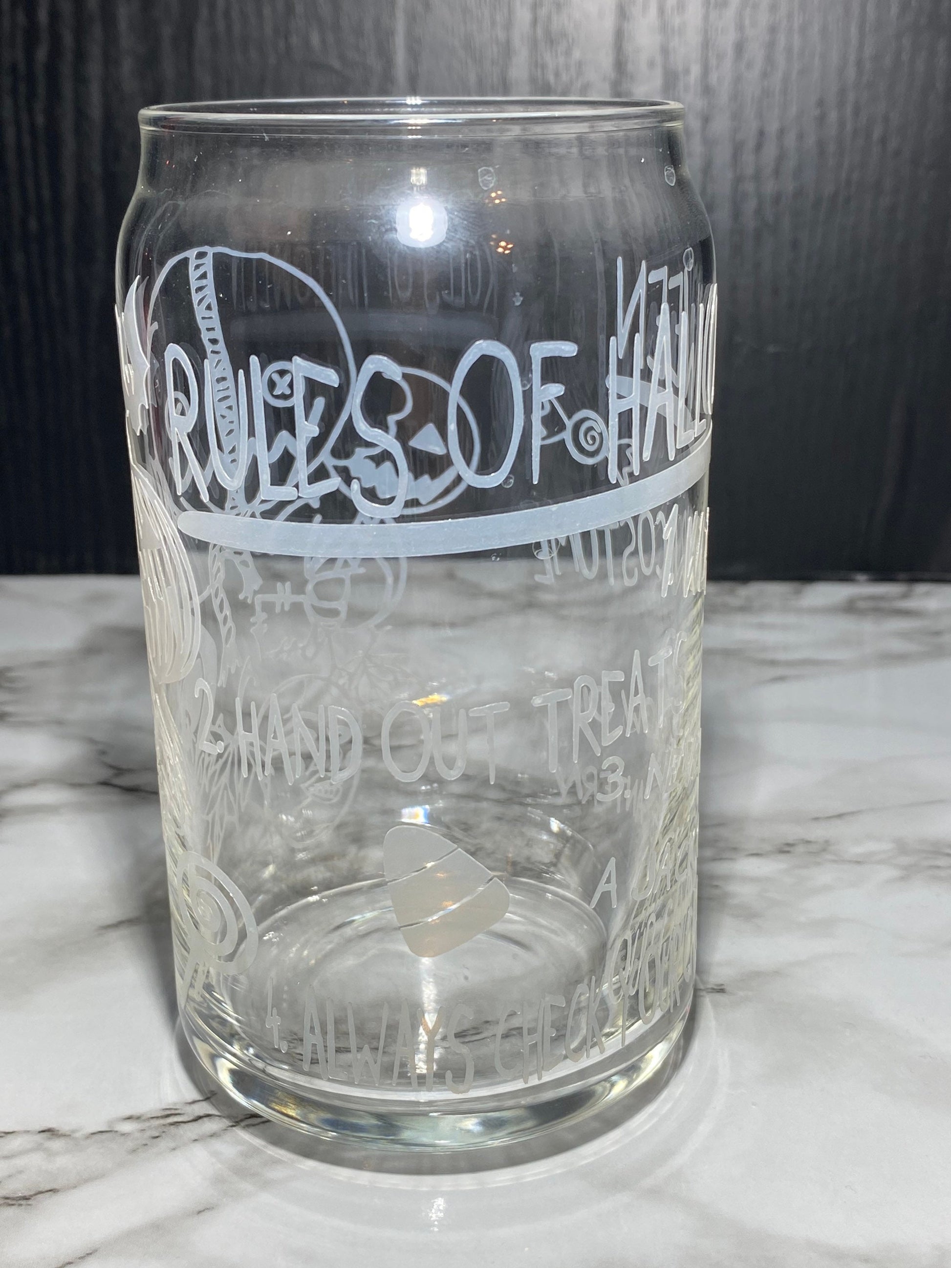 Sam w/masks Design 2 - Cold color orange changing Permanent vinyl Trick R Treat Libbey beer can glass