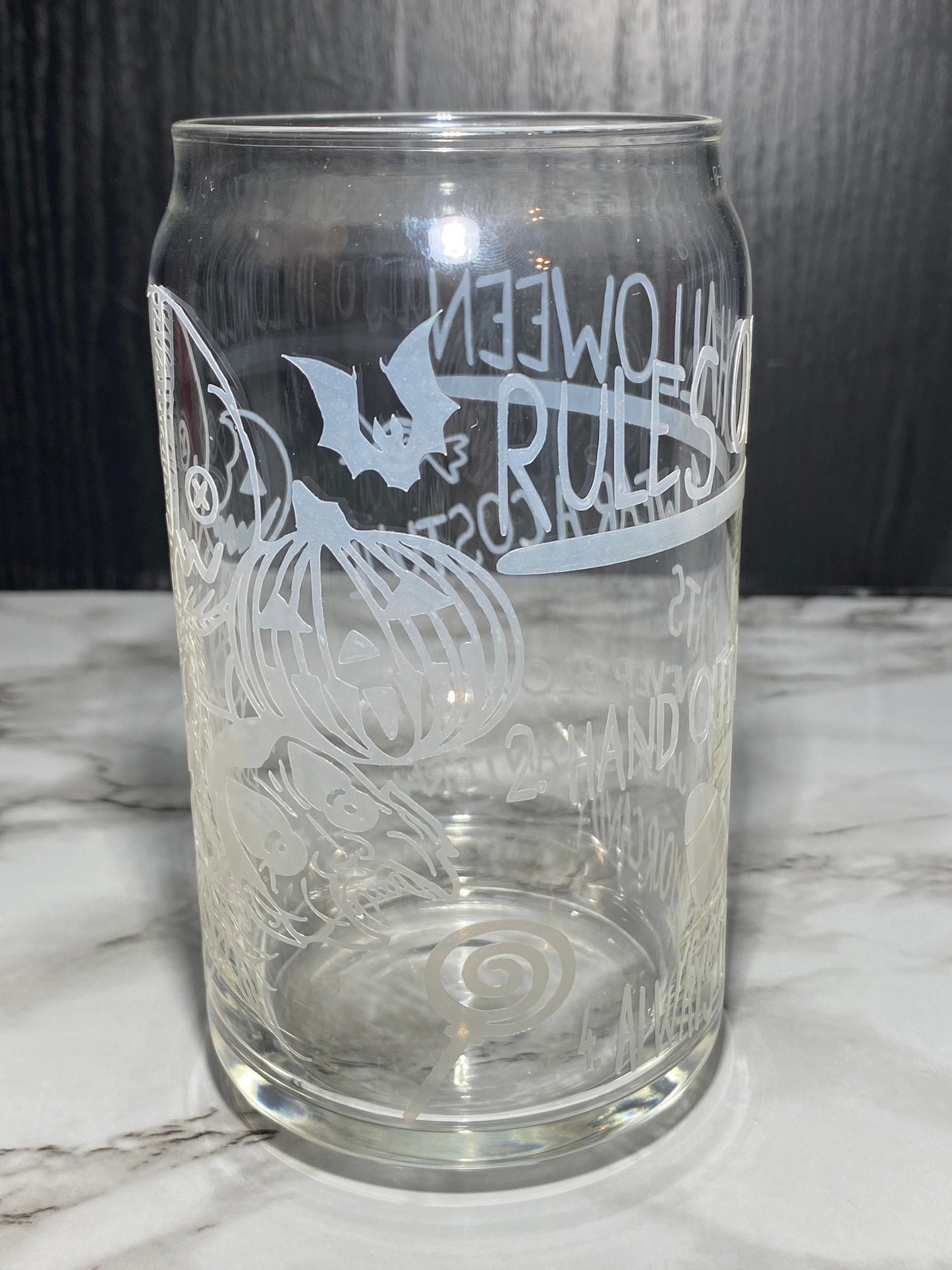 Sam w/masks Design 2 - Cold color orange changing Permanent vinyl Trick R Treat Libbey beer can glass
