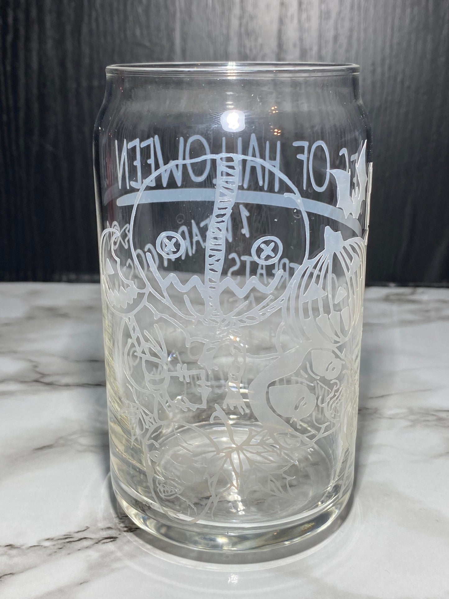 Sam w/masks Design 2 - Cold color orange changing Permanent vinyl Trick R Treat Libbey beer can glass