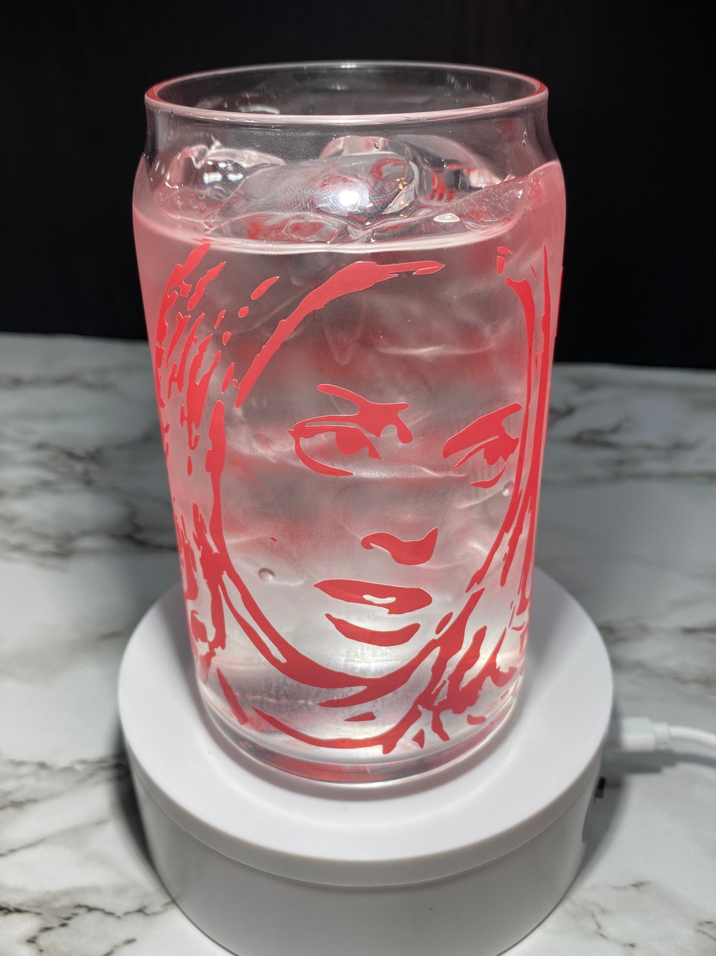 Tatum Riley from Scream cold color red changing permanent vinyl on a Libbey beer can glass