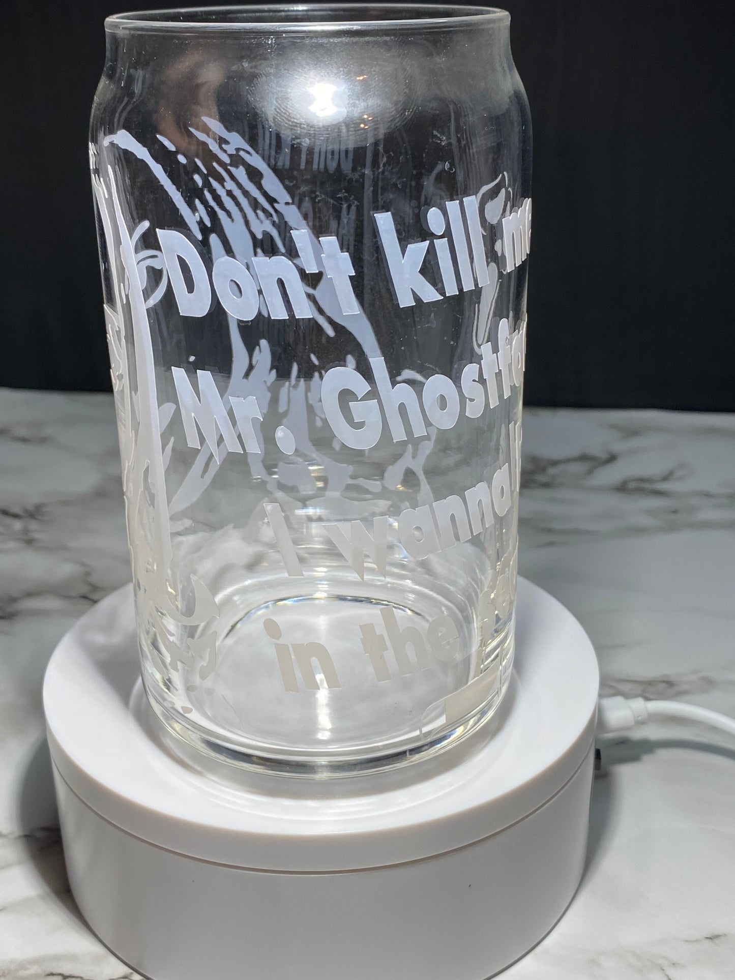 Tatum Riley from Scream cold color red changing permanent vinyl on a Libbey beer can glass