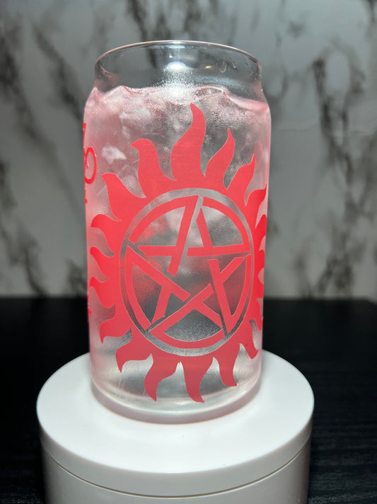All Red Supernatural sigils color changing permanent vinyl on a libbey beer can glass