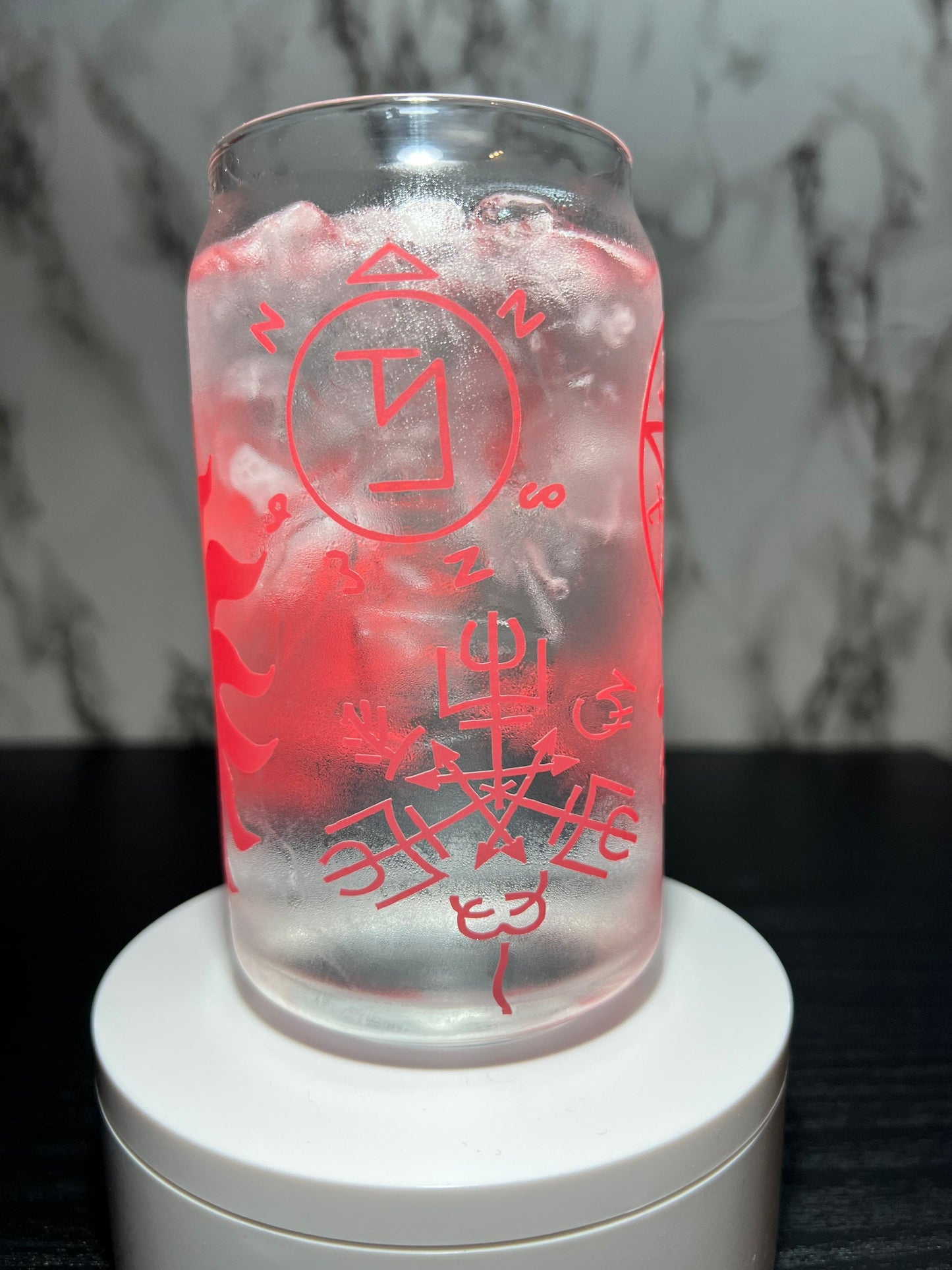 All Red Supernatural sigils color changing permanent vinyl on a libbey beer can glass