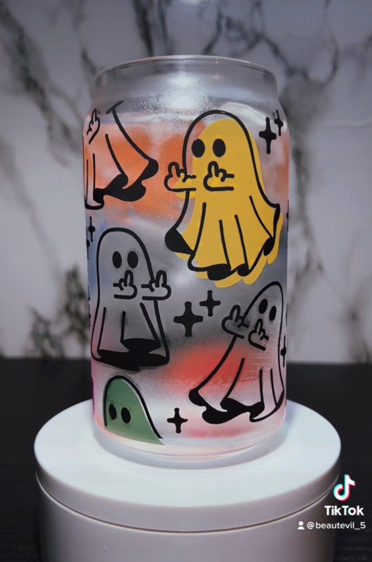 Color changing Flipping Ghosts permanent vinyl on libbey beer can glass