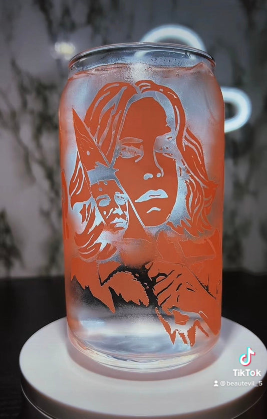 Laurie Strode color changing orange permanent vinyl on libbey beer can glass