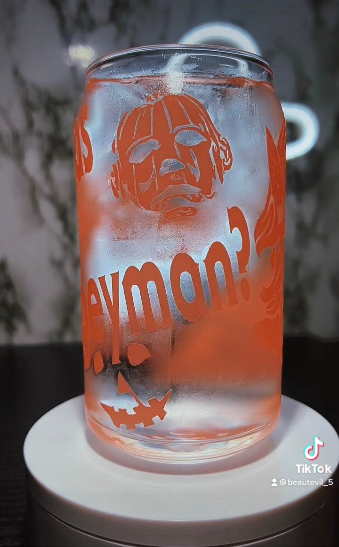Laurie Strode color changing orange permanent vinyl on libbey beer can glass