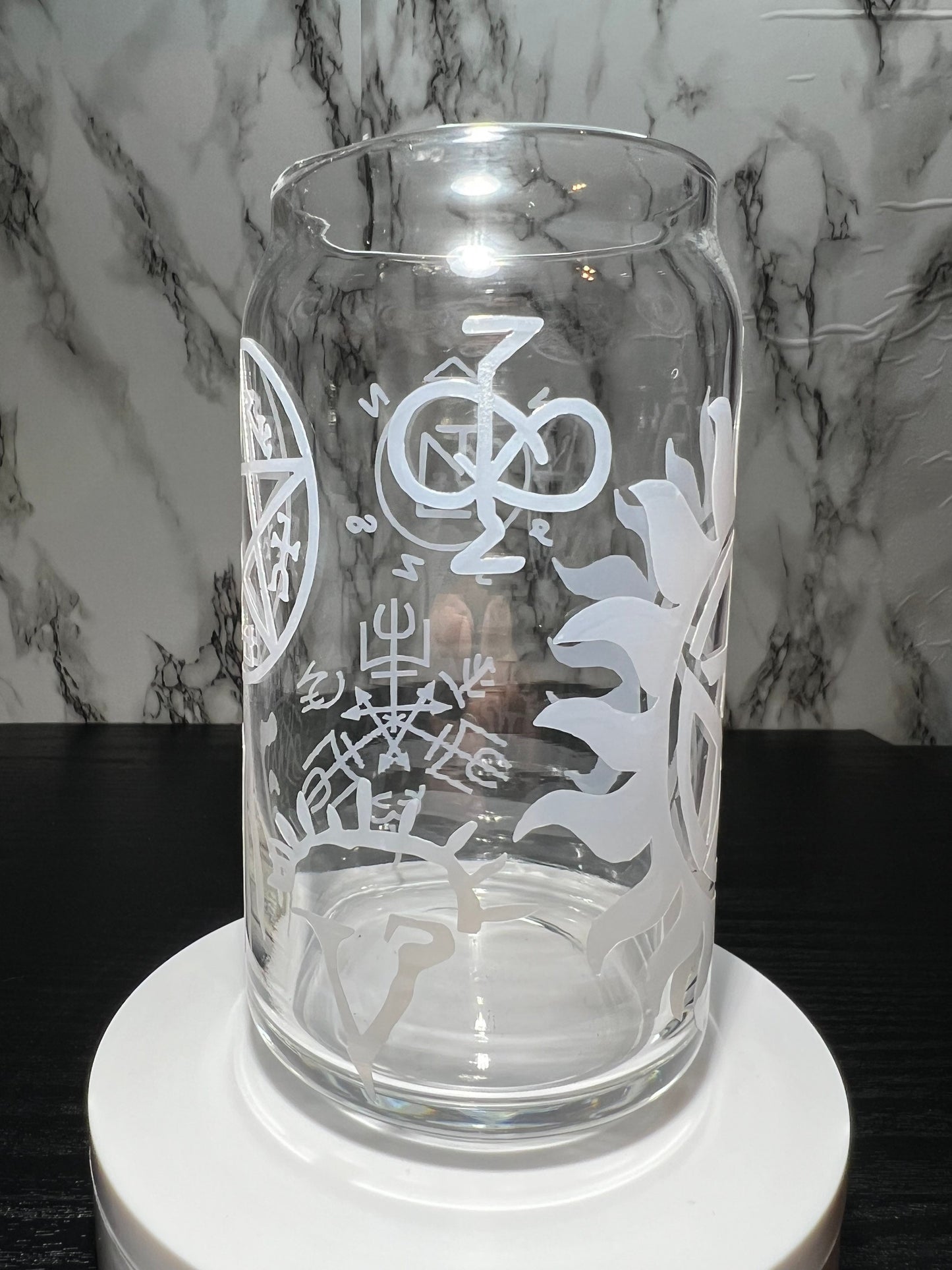 All Red Supernatural sigils color changing permanent vinyl on a libbey beer can glass