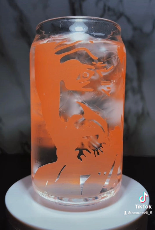 Dr. Loomis color changing orange permanent vinyl on libbey beer can glass