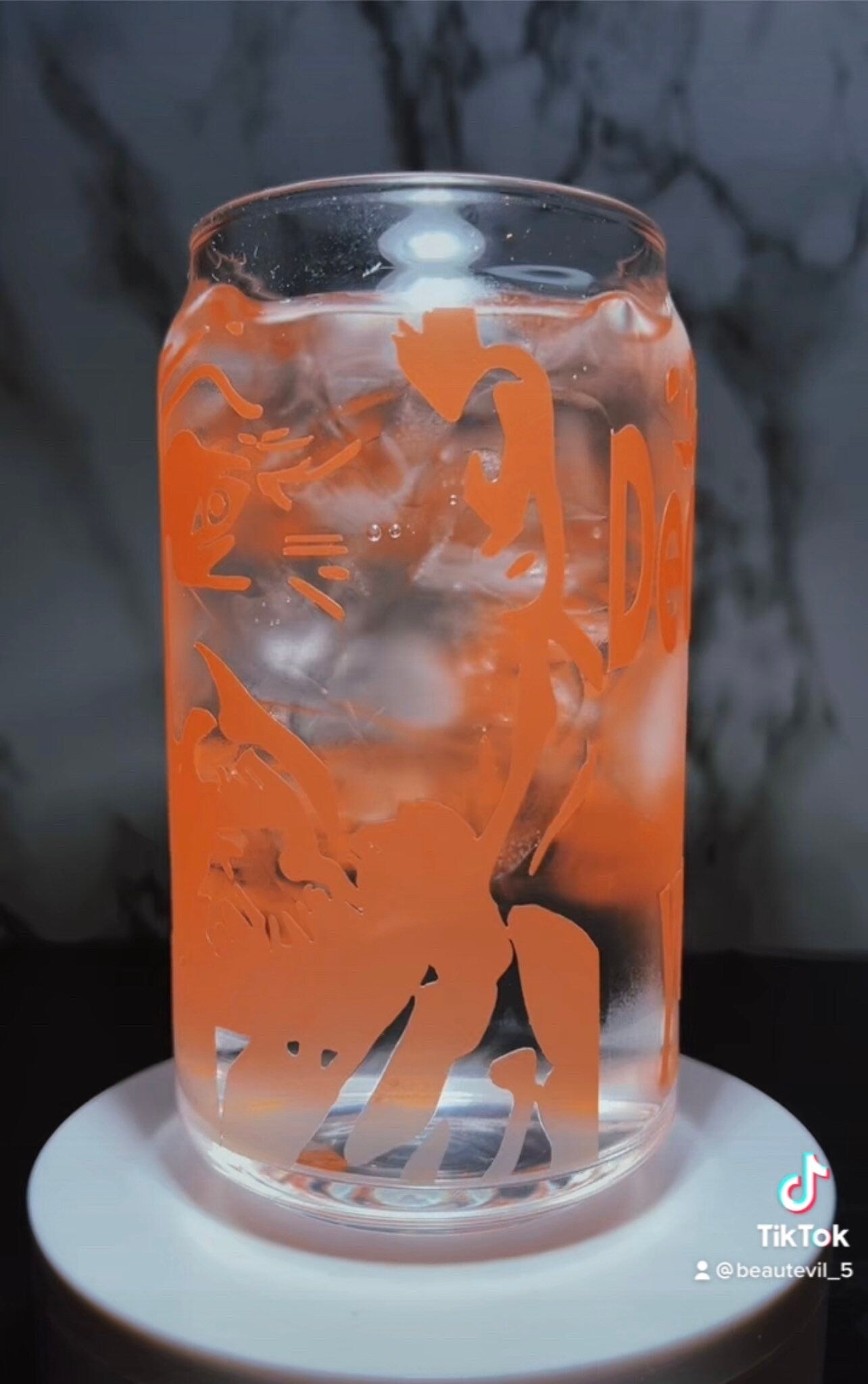 Dr. Loomis color changing orange permanent vinyl on libbey beer can glass