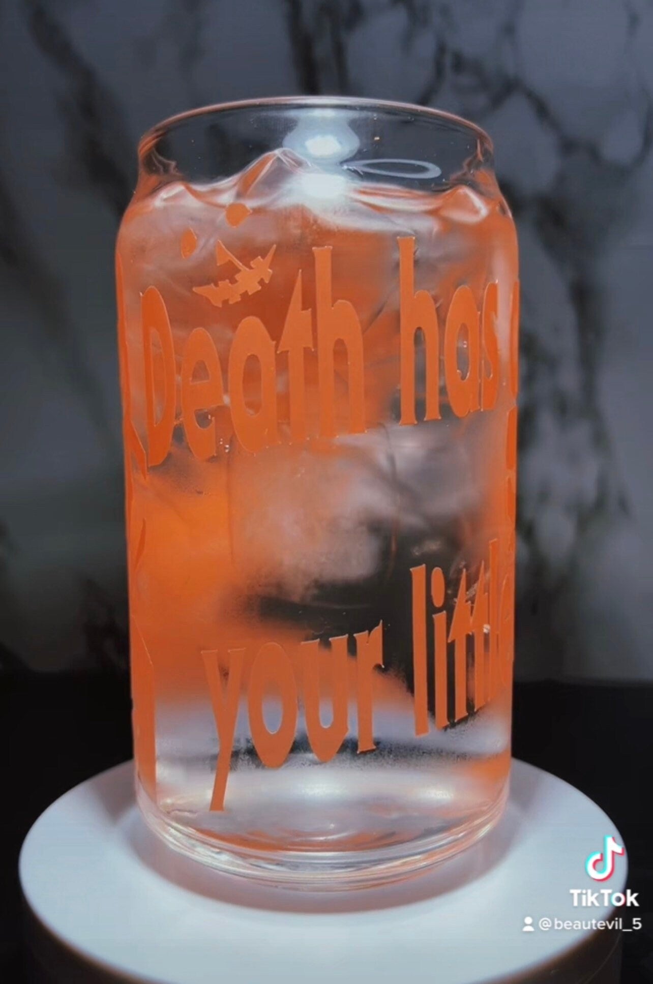 Dr. Loomis color changing orange permanent vinyl on libbey beer can glass