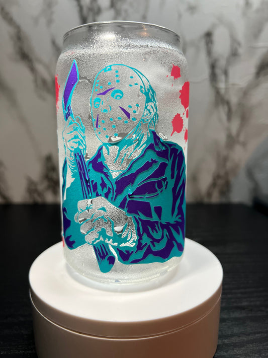 NES Jason Voorhees Friday the 13th color changing permanent vinyl on libbey beer can glass