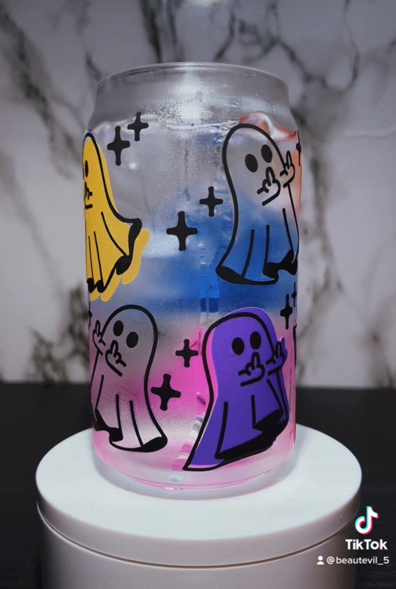 Color changing Flipping Ghosts permanent vinyl on libbey beer can glass