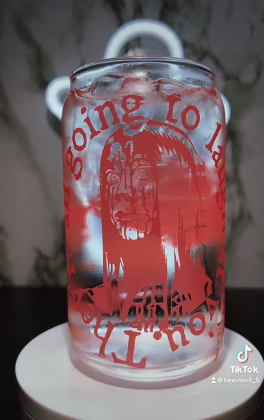 Carrie White color changing red permanent vinyl on a libbey beer can glass