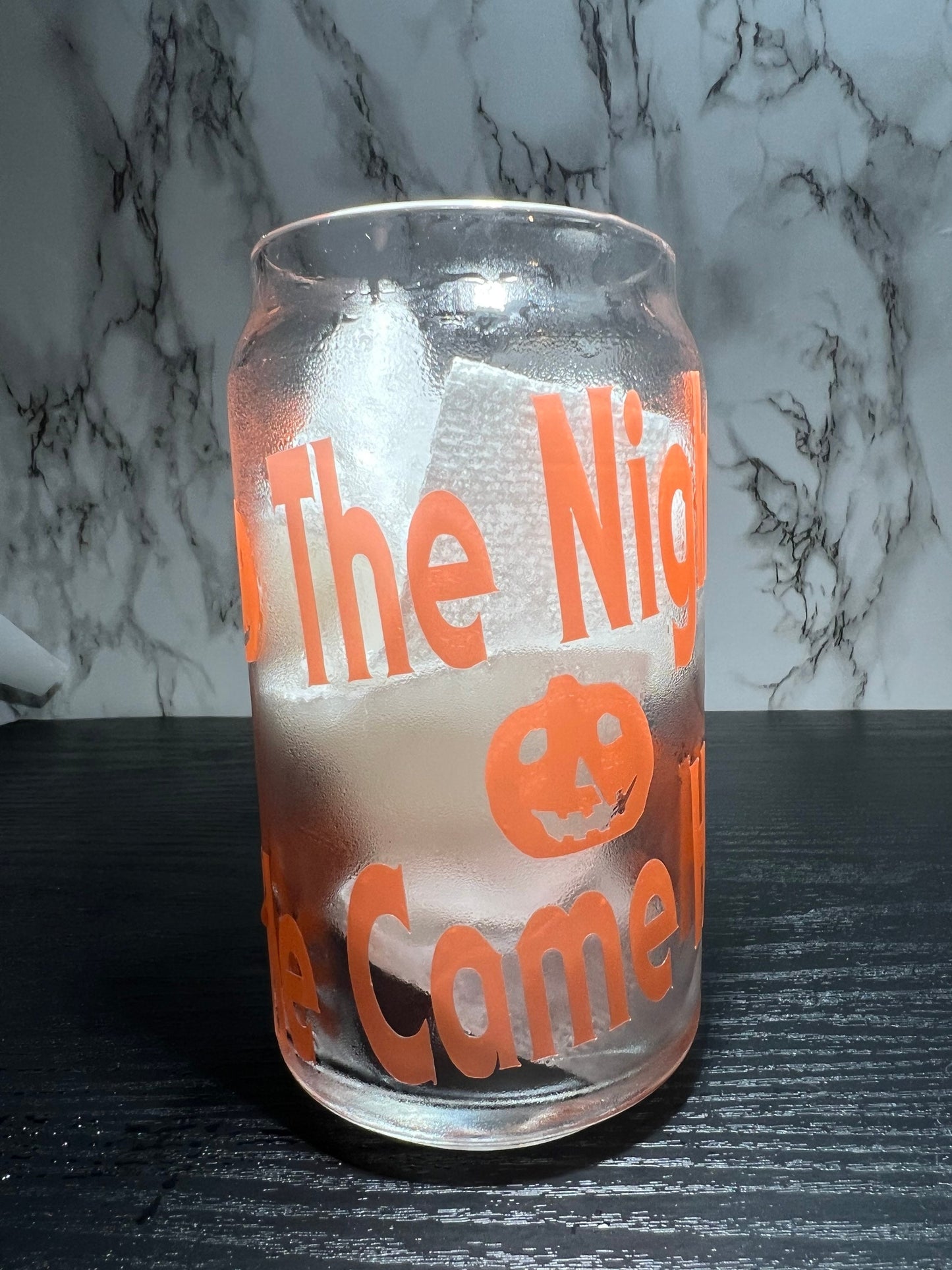 Michael Myers color changing orange permanent vinyl on libbey beer can glass