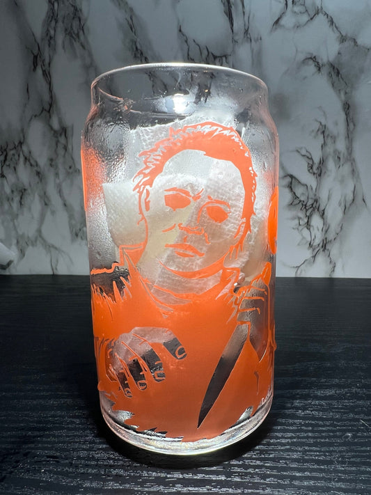 Michael Myers color changing orange permanent vinyl on libbey beer can glass