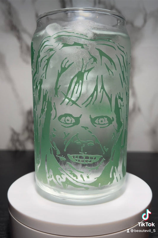 Exorcist Regan color changing permanent vinyl on a libbey beer can glass