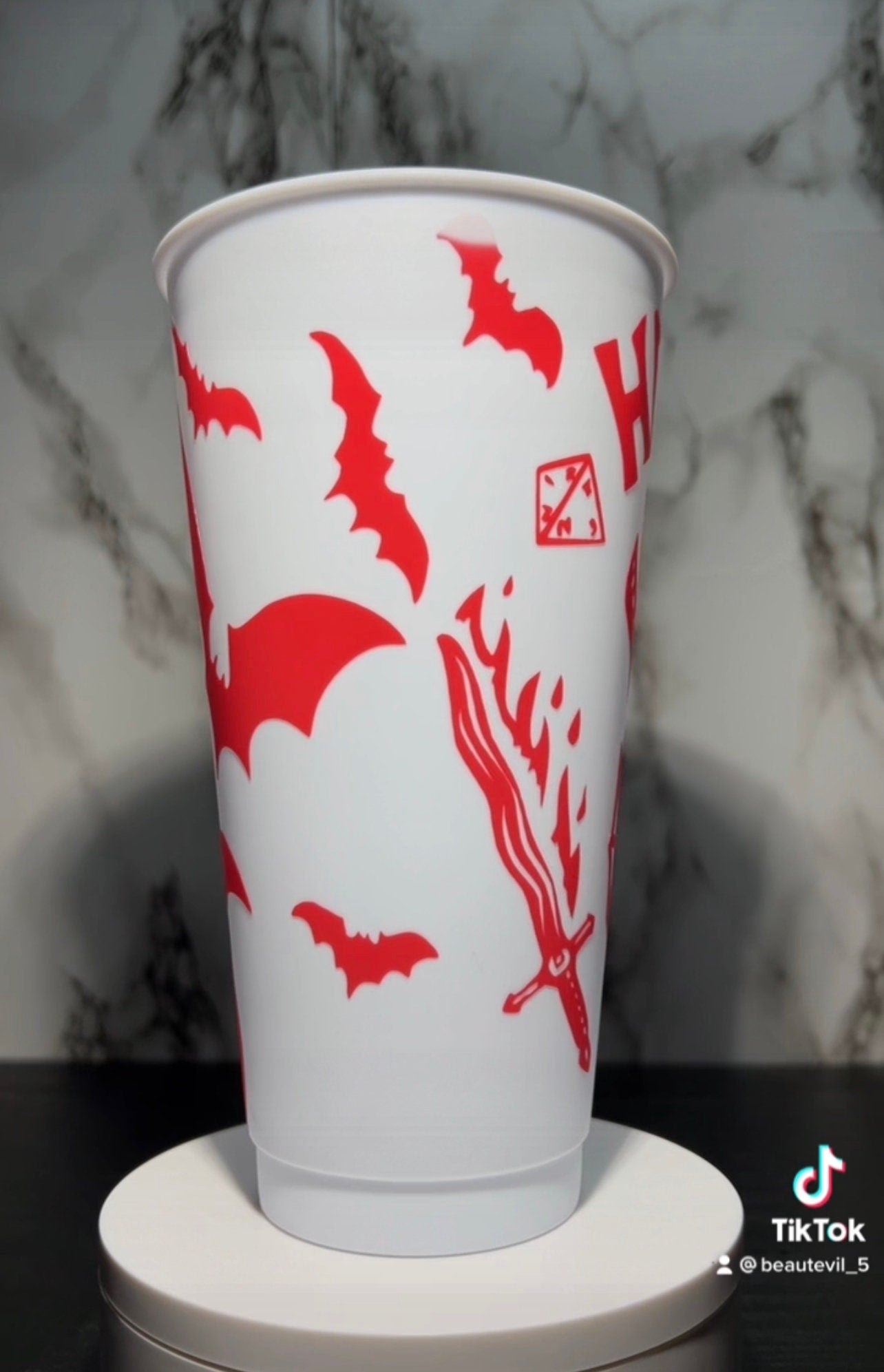 Hell Bats Fire color changing permanent vinyl on white cold cup