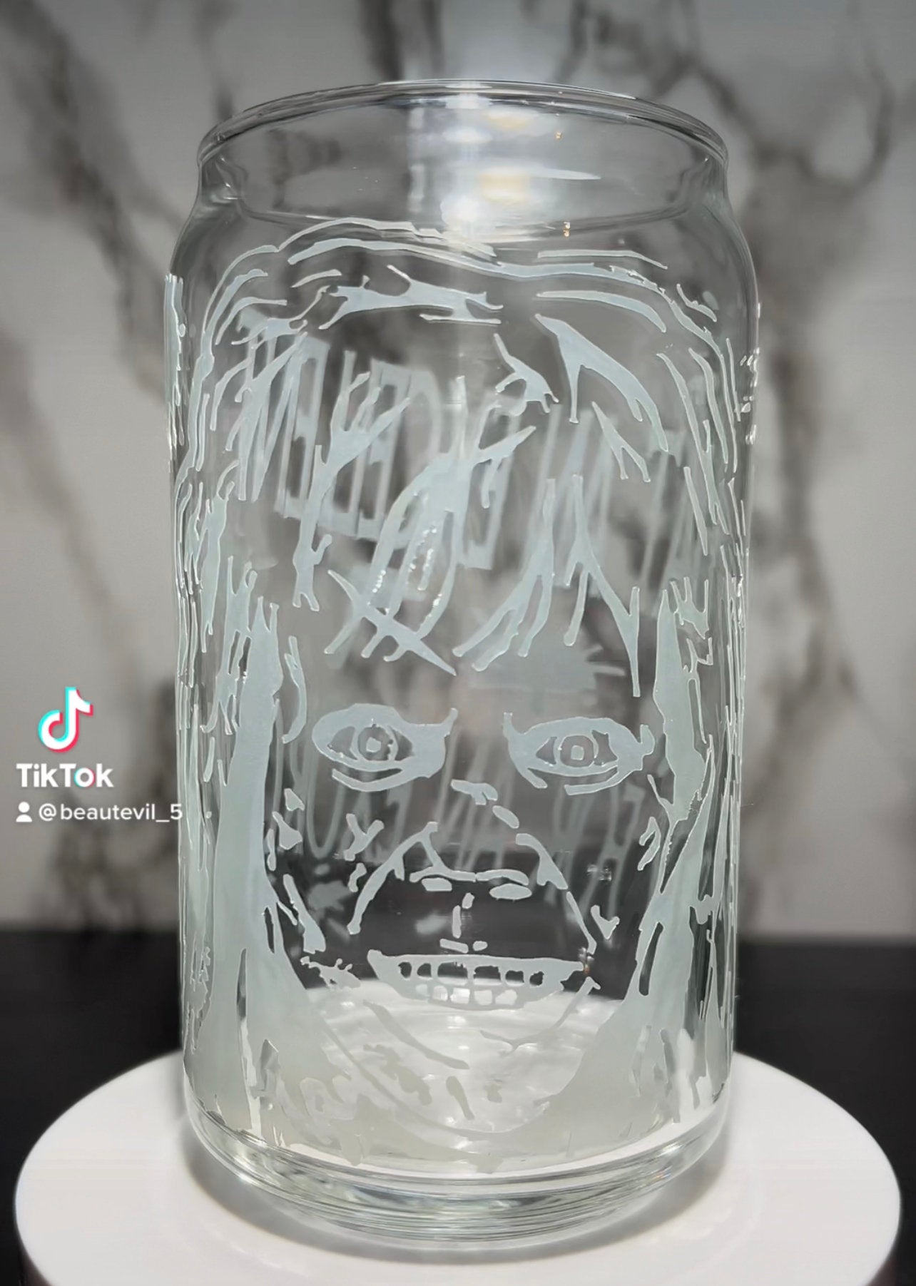 Exorcist Regan color changing permanent vinyl on a libbey beer can glass