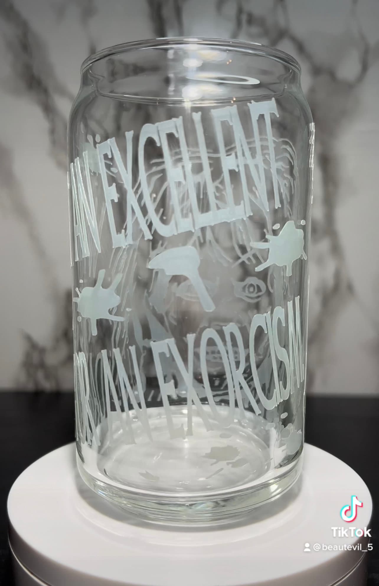 Exorcist Regan color changing permanent vinyl on a libbey beer can glass