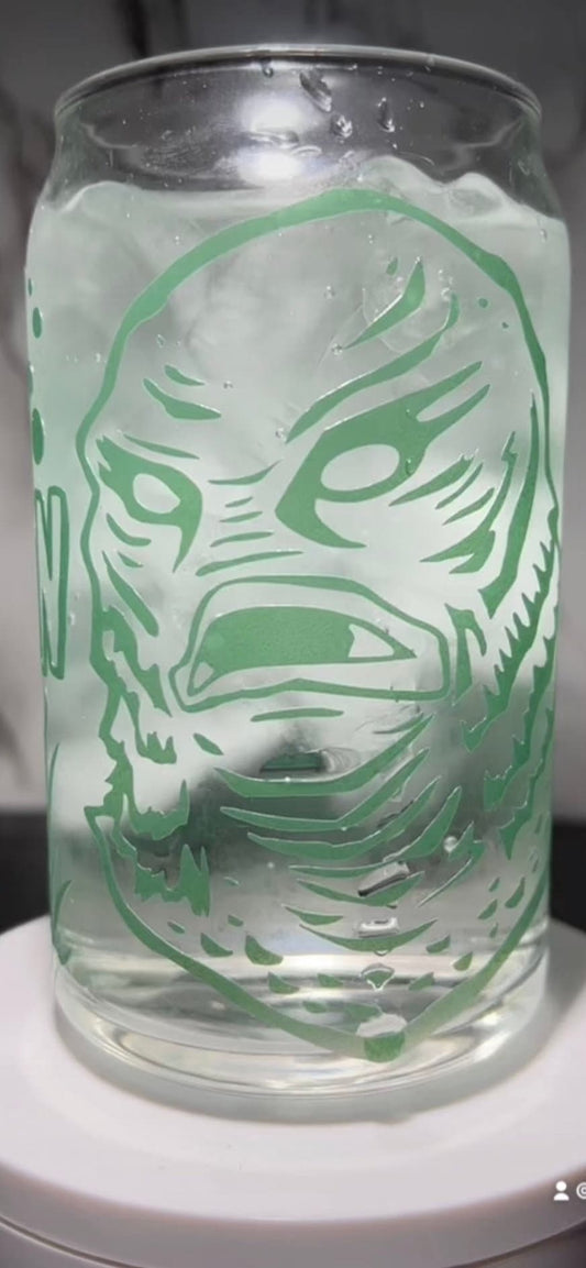Creature From The Black Lagoon color changing permanent vinyl on libbey beer can glass