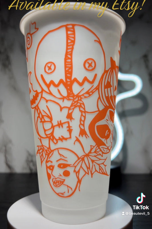 Sam w/masks Trick R Treat Design 2 Color changing permanent vinyl on a white cold cup