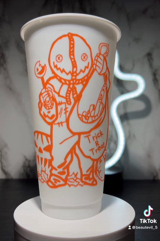 Sam w/bag  Trick R Treat Design 1 Color changing permanent vinyl on a white cold cup