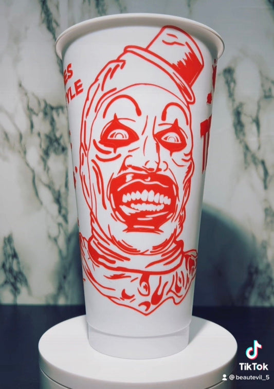 Art Clown color changing permanent vinyl on a white venti style cold cup.