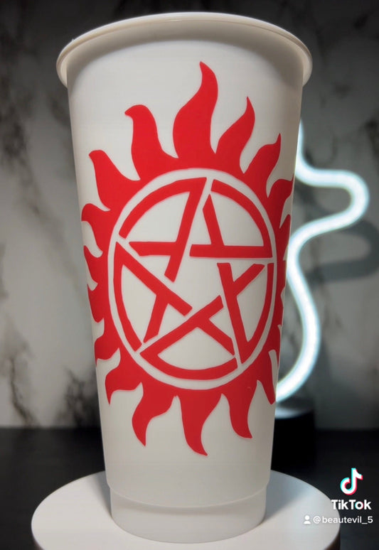 All Red Supernatural sigils color changing permanent vinyl on a white cold cup