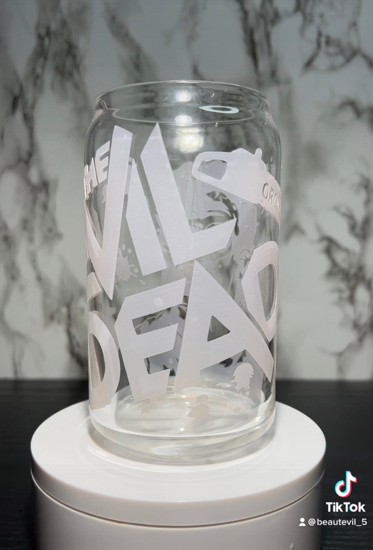 Evil Dead Ash color changing permanent vinyl on a libbey beer can glass