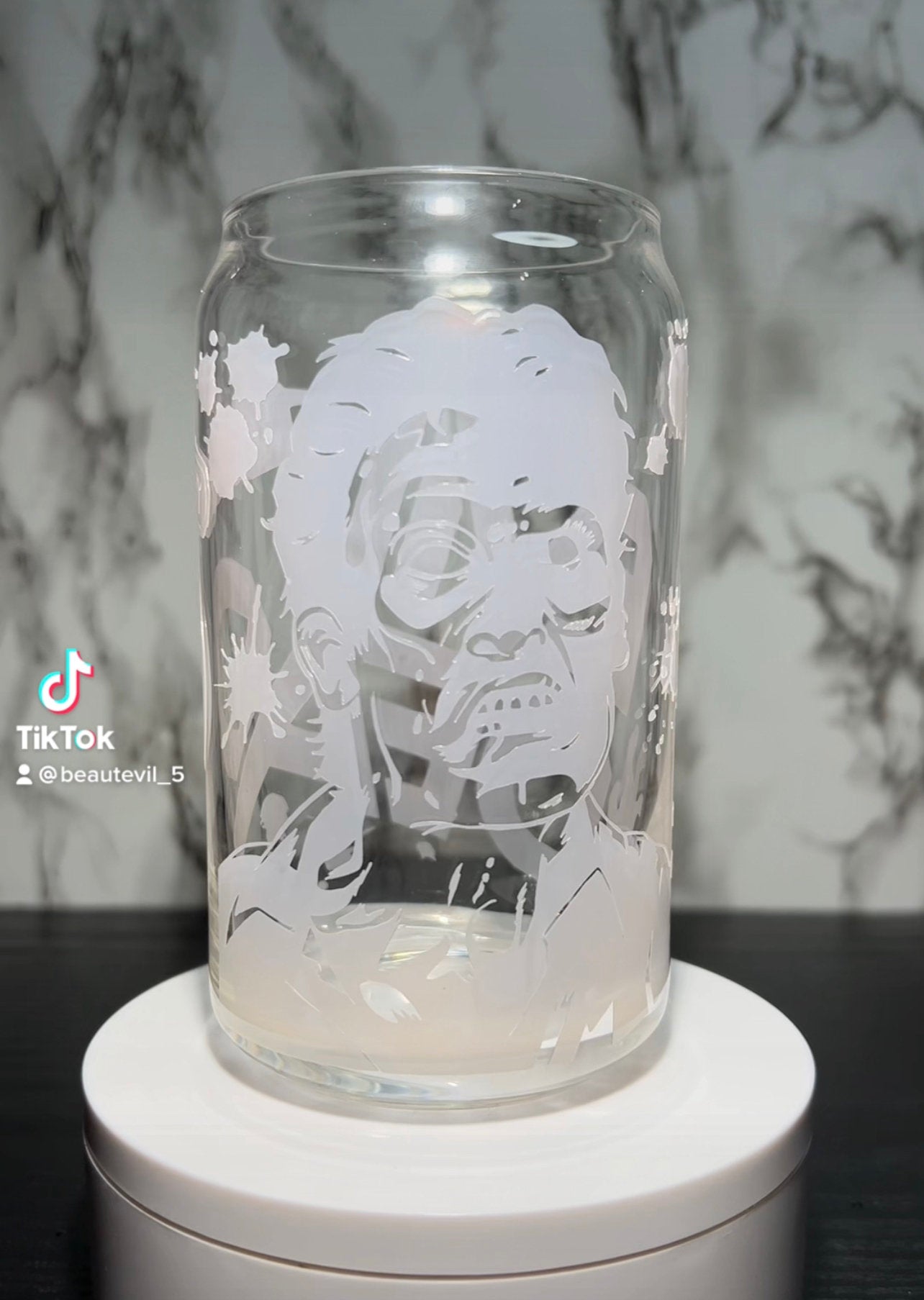 Evil Dead Ash color changing permanent vinyl on a libbey beer can glass