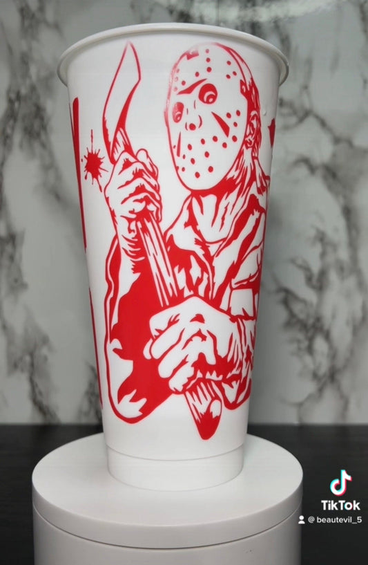 All RED Jason Voorhees Friday the 13th color changing permanent vinyl on all white cold cup