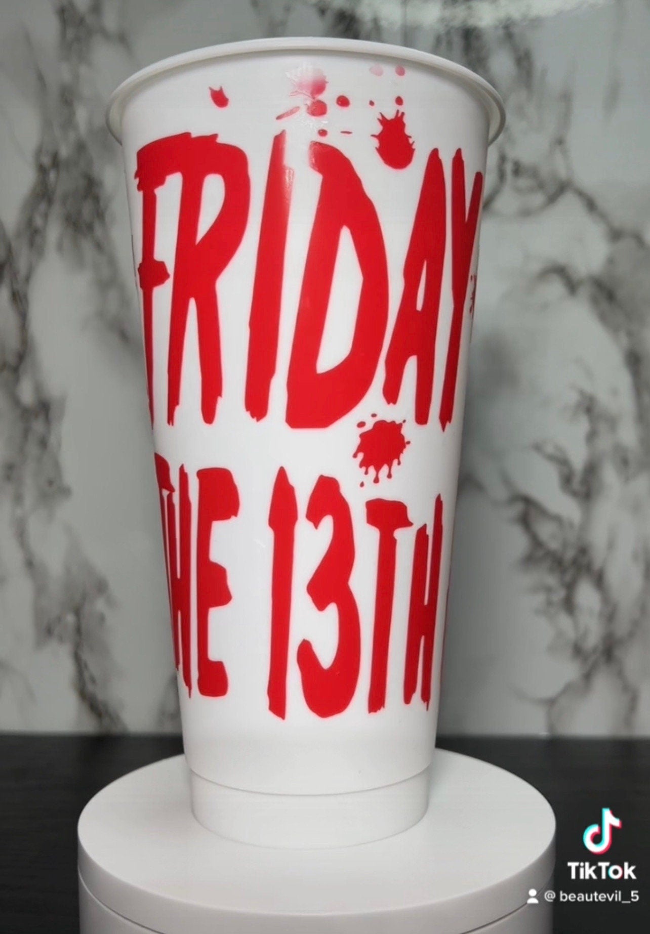 All RED Jason Voorhees Friday the 13th color changing permanent vinyl on all white cold cup