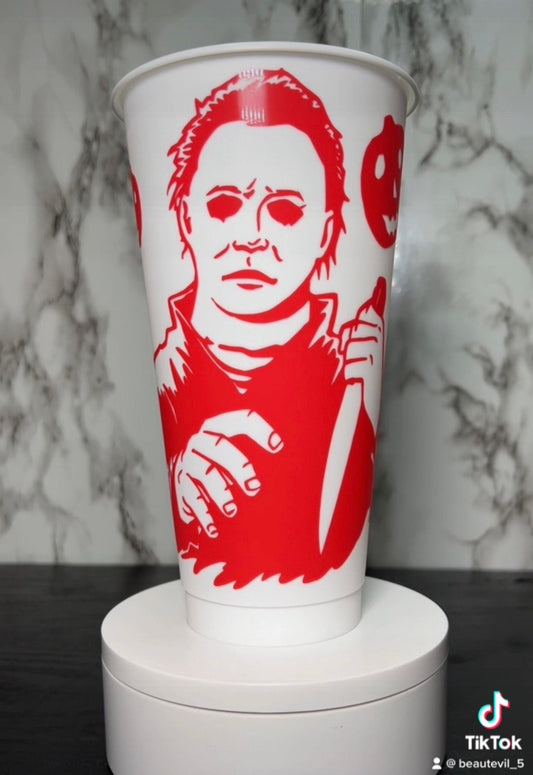 All RED Michael Myers color changing permanent vinyl on all white cold cup.