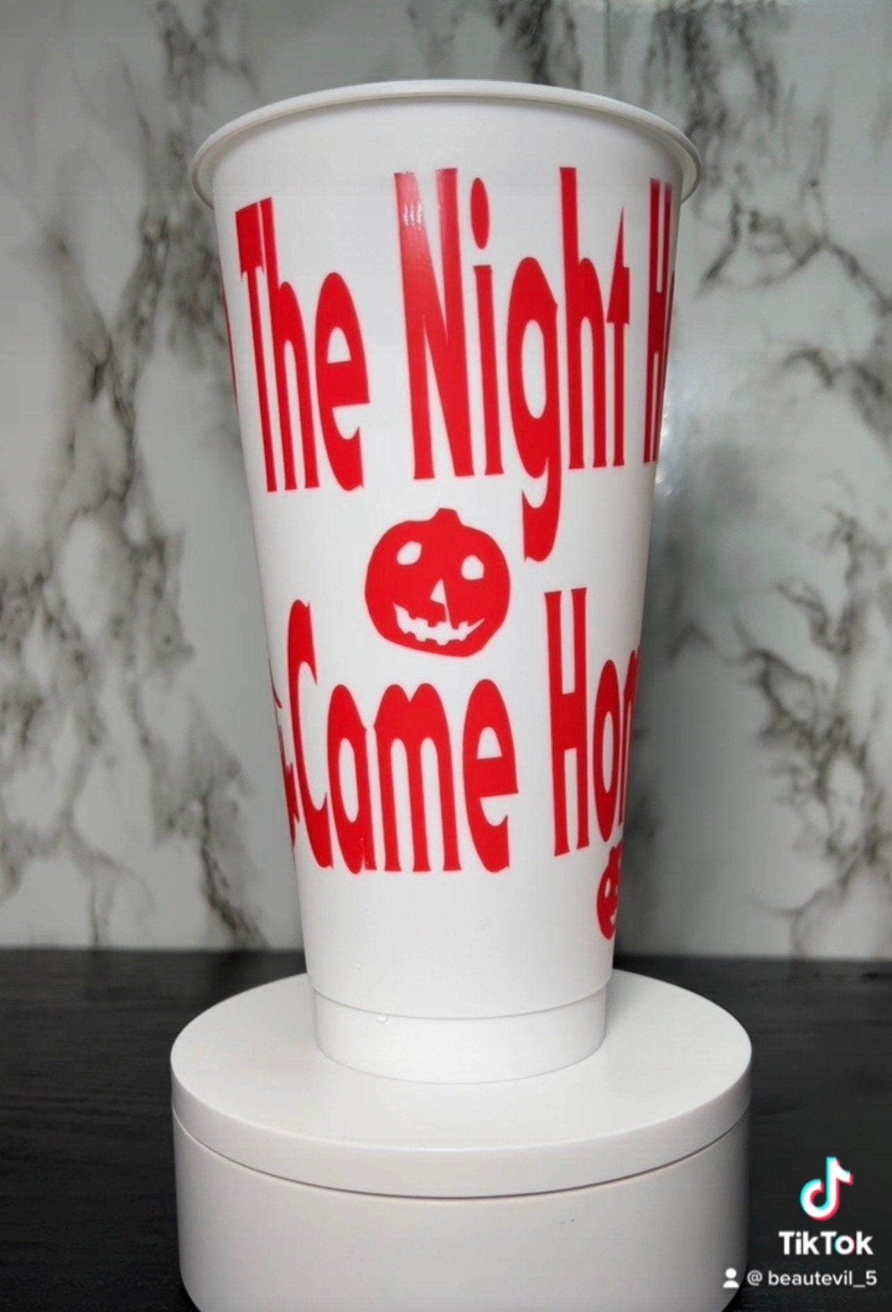 All RED Michael Myers color changing permanent vinyl on all white cold cup.