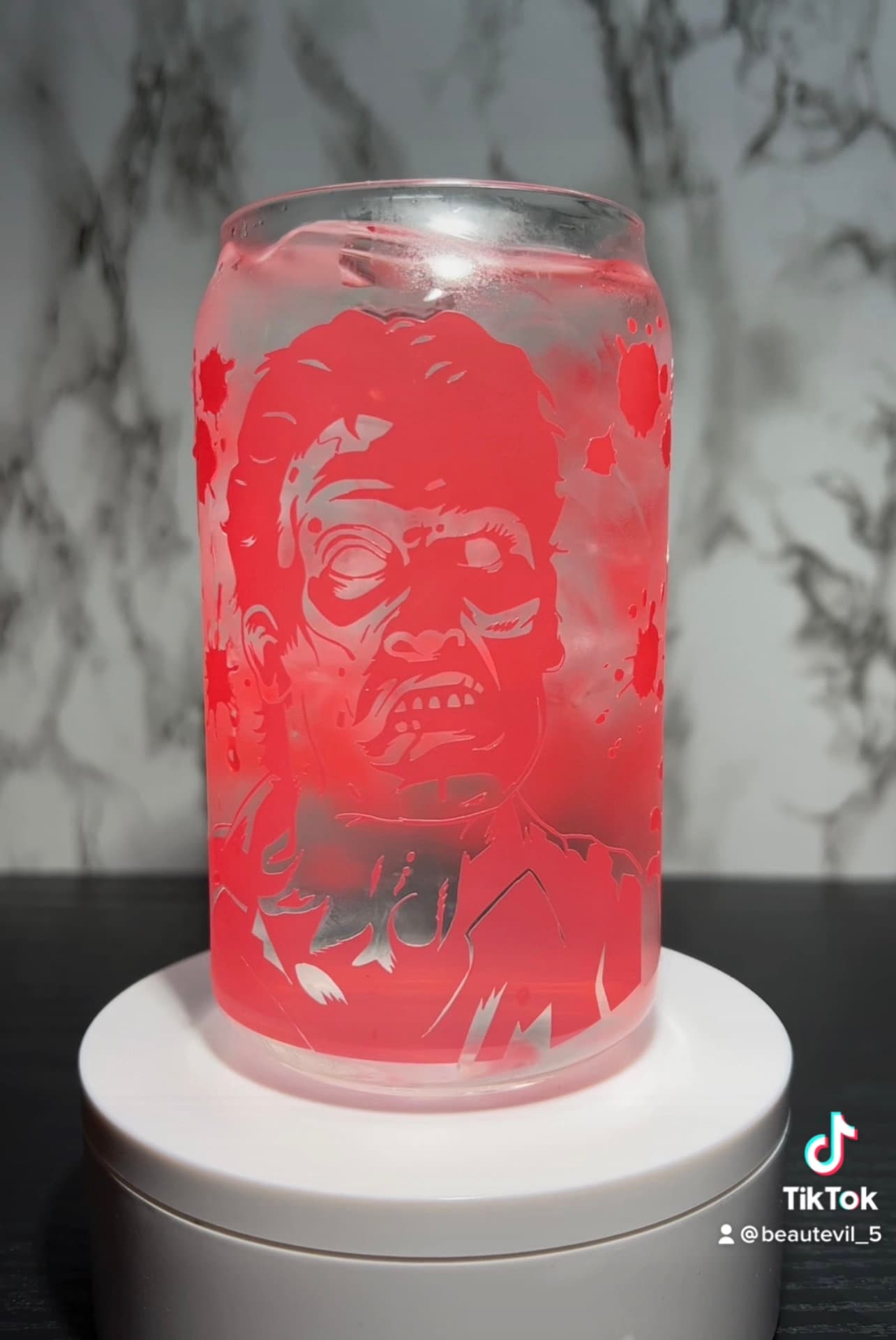 Evil Dead Ash color changing permanent vinyl on a libbey beer can glass