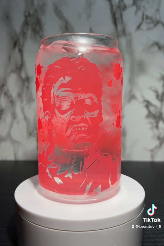 Evil Dead Ash color changing permanent vinyl on a libbey beer can glass