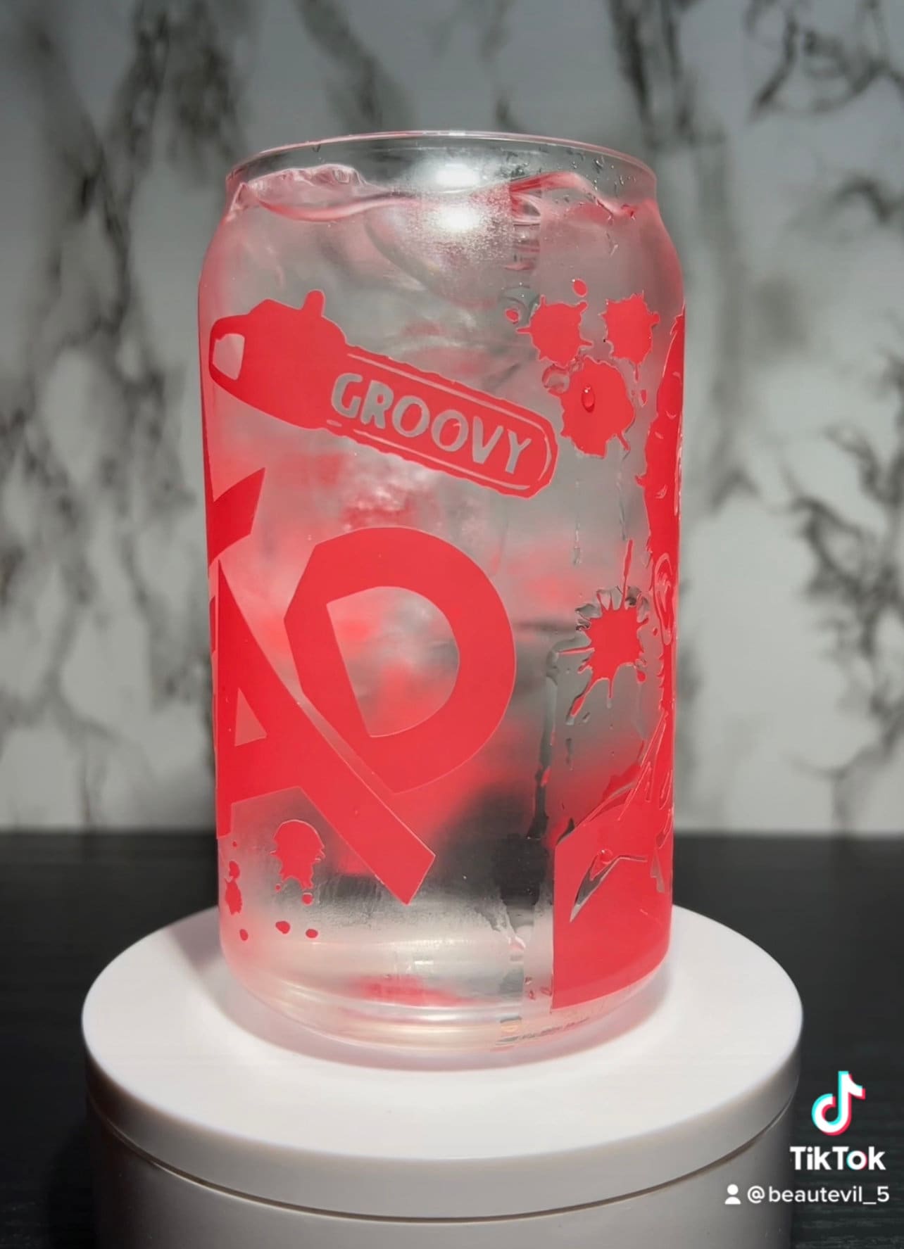 Evil Dead Ash color changing permanent vinyl on a libbey beer can glass