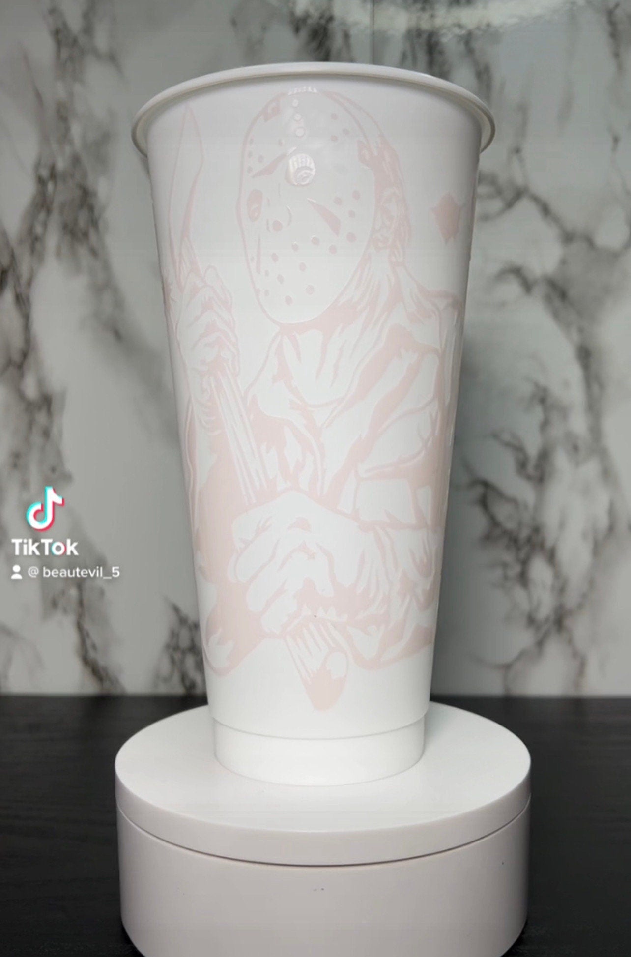 All RED Jason Voorhees Friday the 13th color changing permanent vinyl on all white cold cup