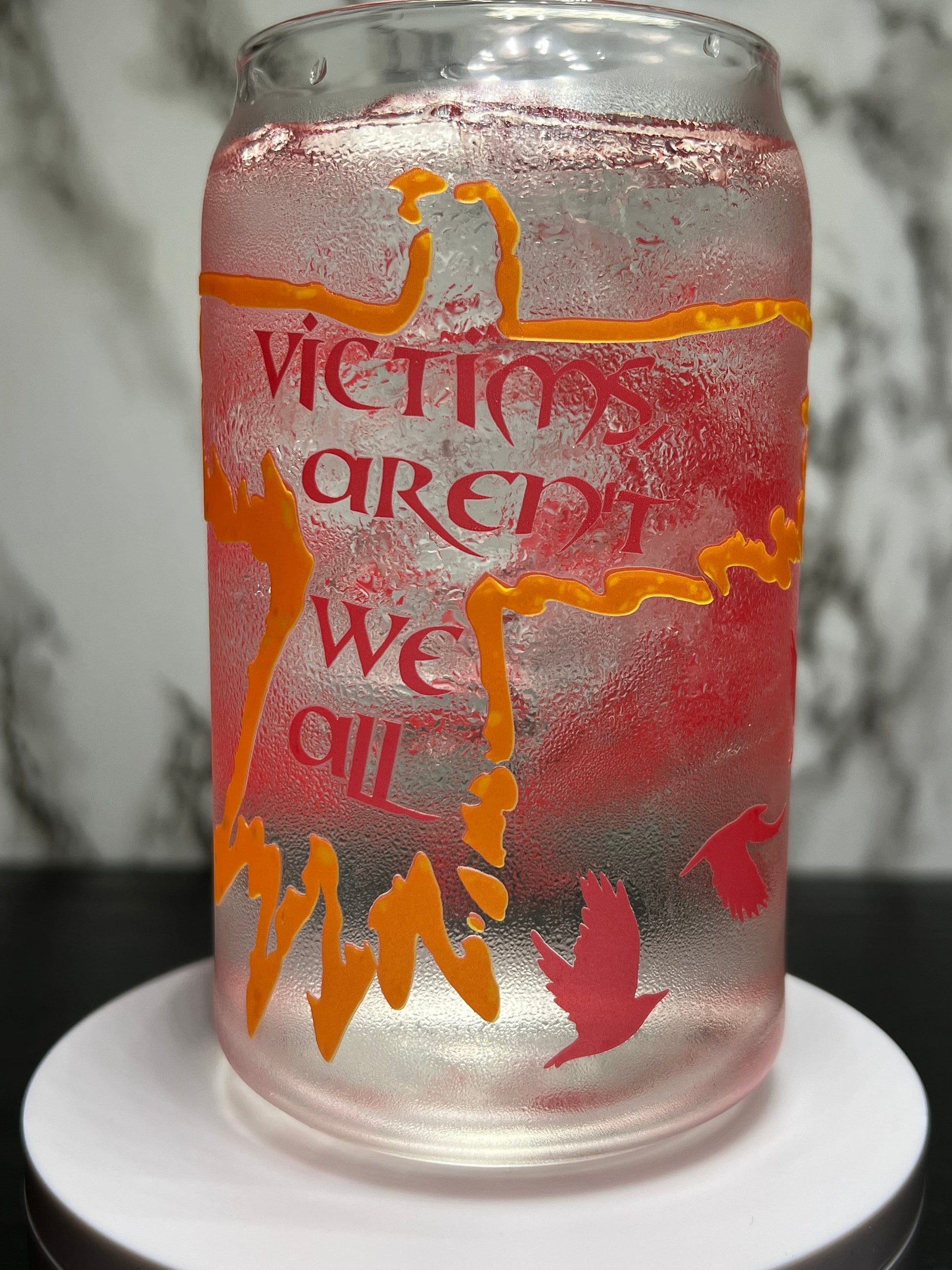 The Crow-It can’t rain all the time-Victims aren’t we all color changing permanent vinyl on a libbey beer can glass