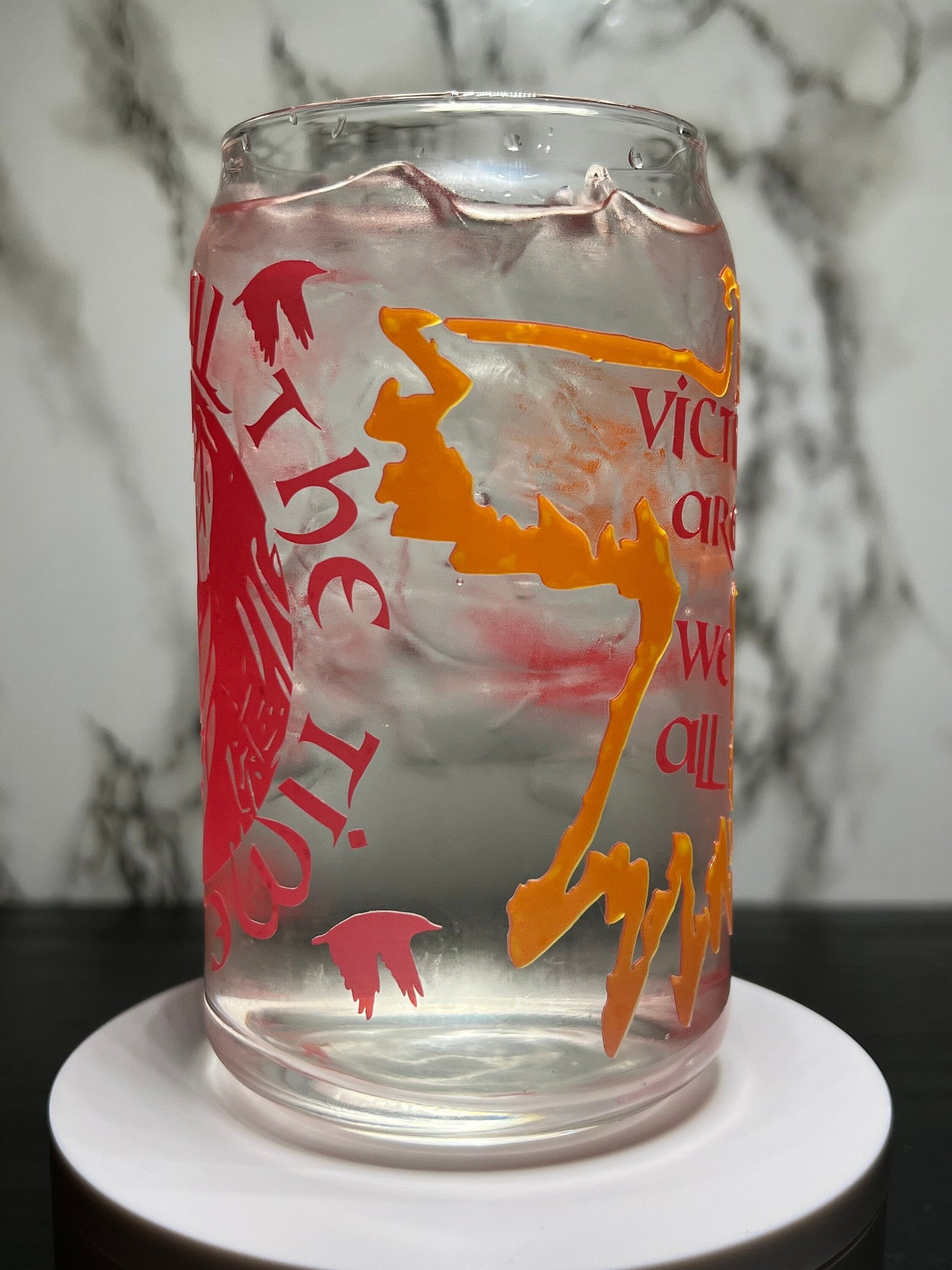 The Crow-It can’t rain all the time-Victims aren’t we all color changing permanent vinyl on a libbey beer can glass