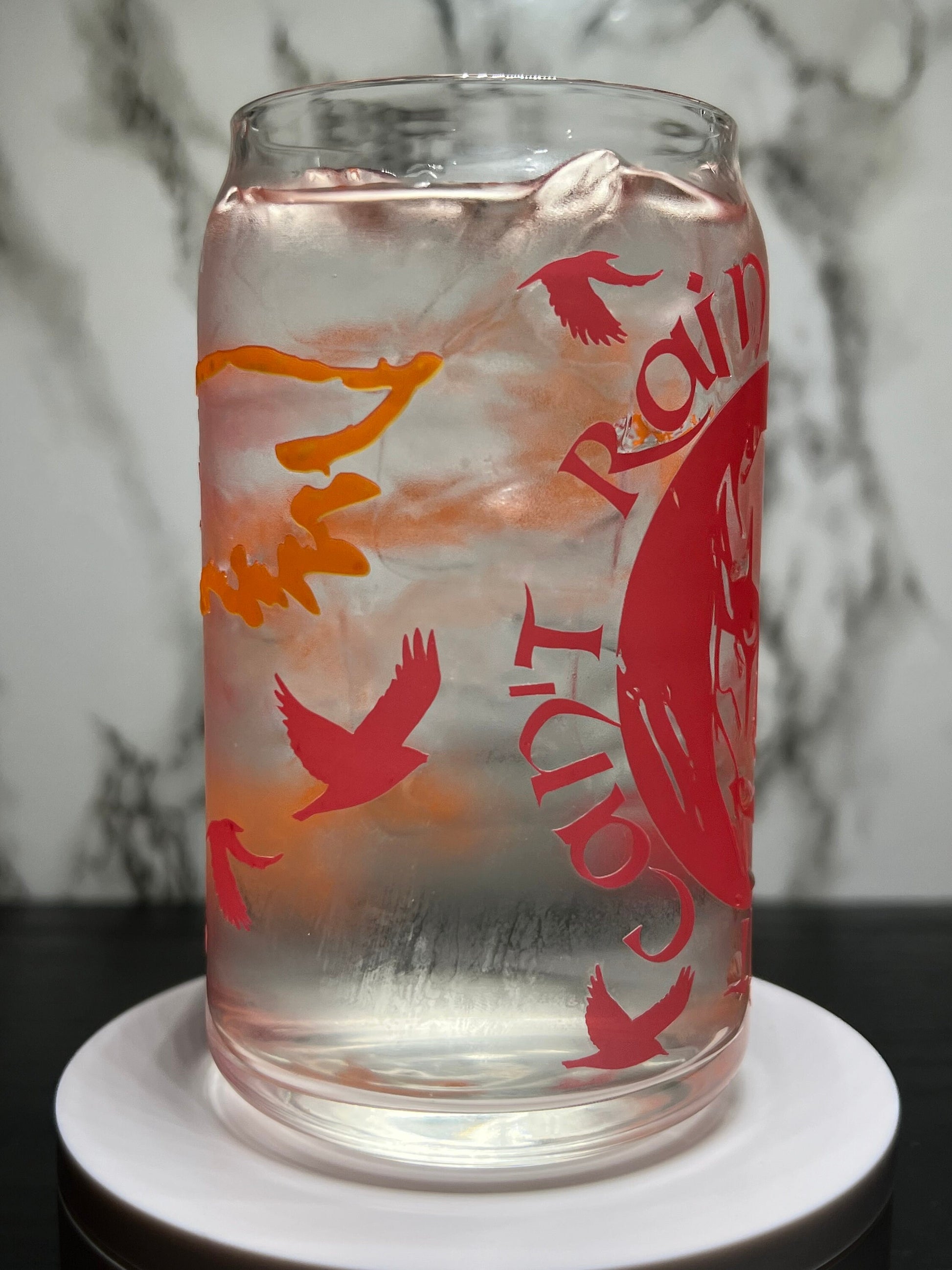 The Crow-It can’t rain all the time-Victims aren’t we all color changing permanent vinyl on a libbey beer can glass