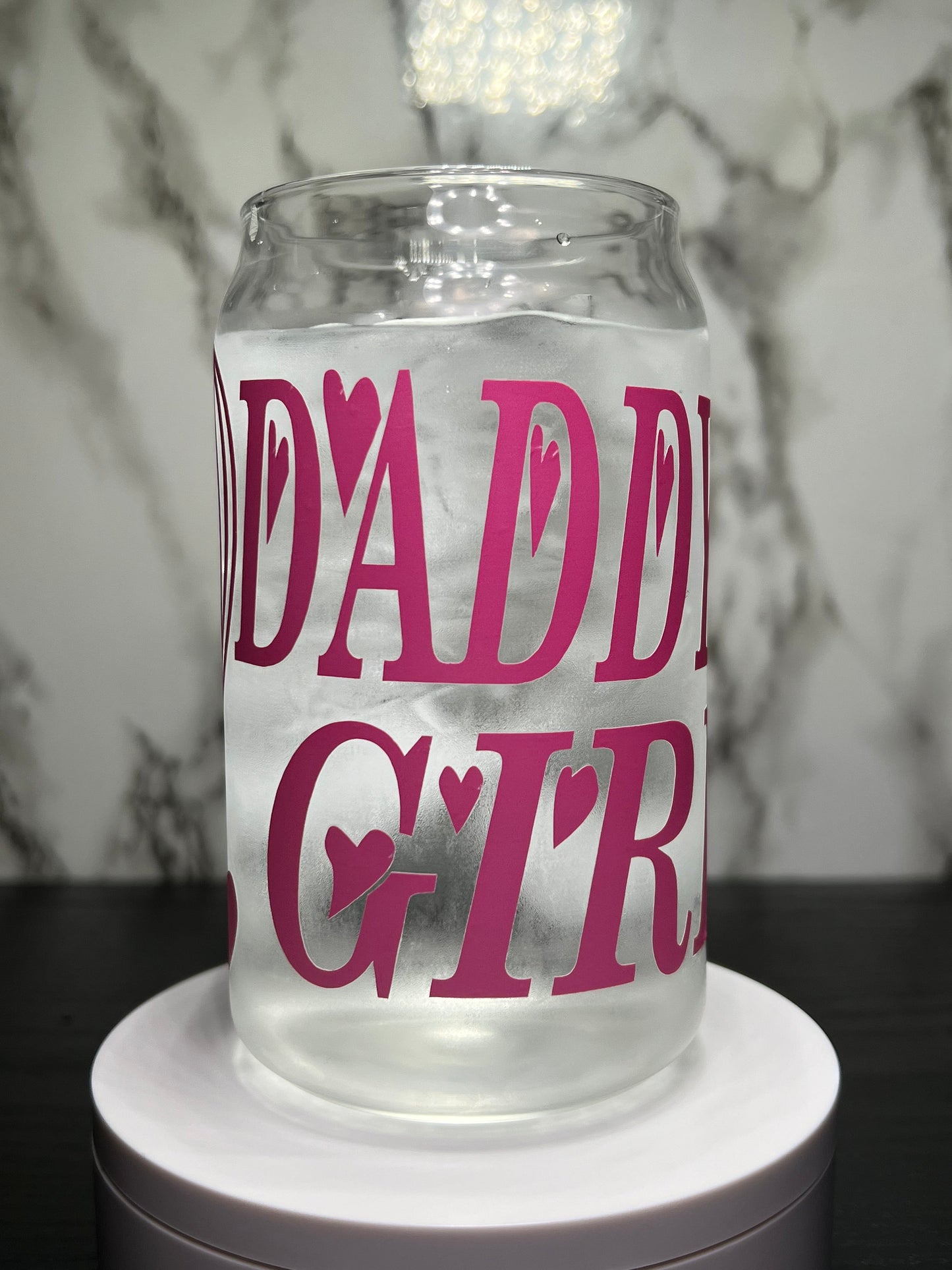 Pedro Pascal Daddy’s Girl pink color changing permanent vinyl on a libbey beer can glass