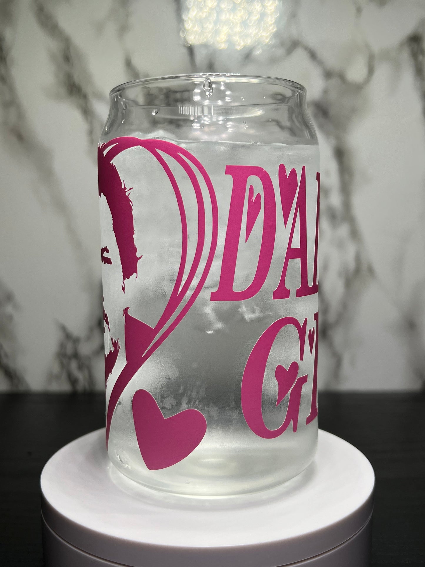 Pedro Pascal Daddy’s Girl pink color changing permanent vinyl on a libbey beer can glass